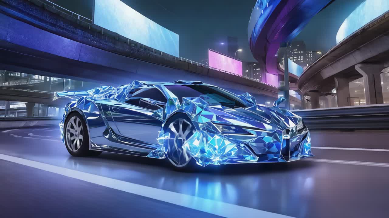 Futuristic Crystalline Sports Car in Neon City at Night
