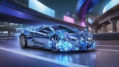 futuristic crystalline sports car in neon city at night