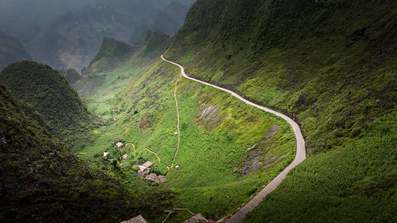 Traditional Homes On The Mountain Village In Ha Giang Loop, Northern Vietnam. Aerial Drone Shot