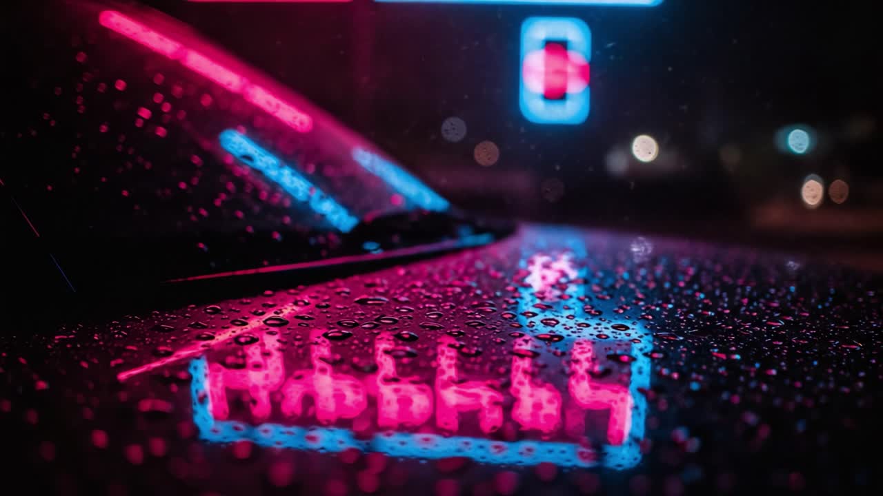 Gocce di pioggia scintillanti sul cofano di un'auto che riflettono vivaci luci al neon in una scena notturna, catturando la bellezza atmosferica della vita urbana