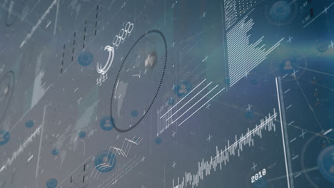 Animation-Von-Diagrammen,-Ladekreisen,-Globus-Im-Kreis-über-Verbundenen-Symbolen-Auf-Abstraktem-Hintergrund