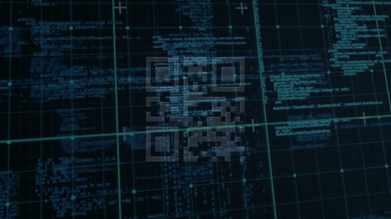 Animation of qr code over data processing on black background
