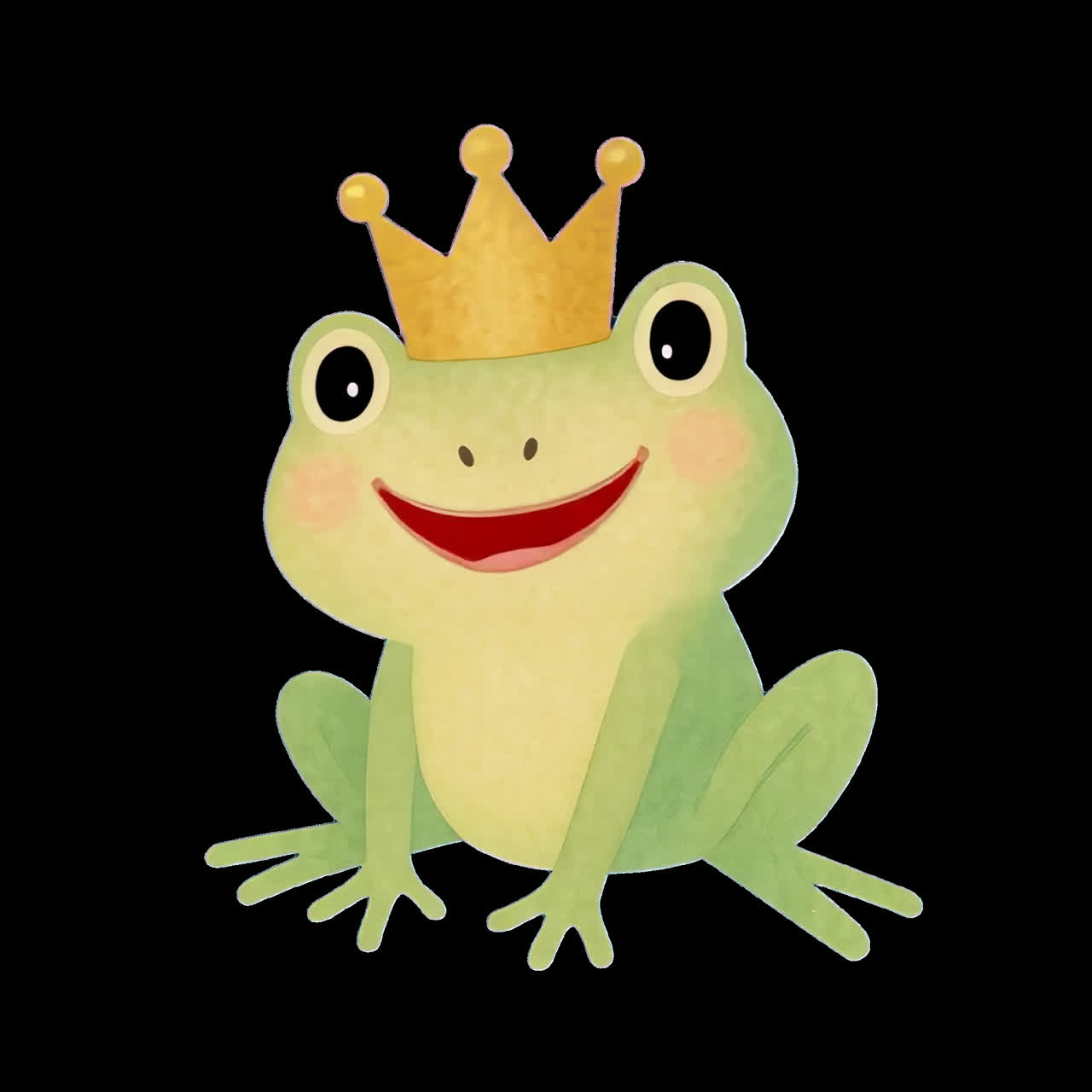 Cute frog with golden crown animation isolated asset, transparent 4K video, alpha channel, ProRes