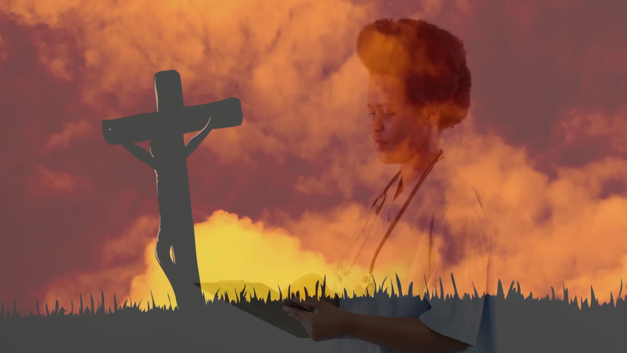 Reading under vibrant orange sky, person with cross in silhouette animation