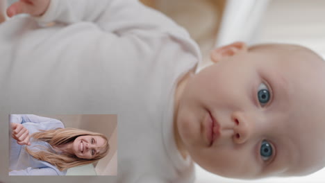 Divertido-Video-Chat-De-Bebé-Con-Su-Madre-En-Un-Teléfono-Inteligente-Mamá-Saludando-Al-Niño-Disfrutando-Comunicándose-Con-Su-Hijo-En-Un-Video-Chat-En-Casa-Con-Orientación-Vertical