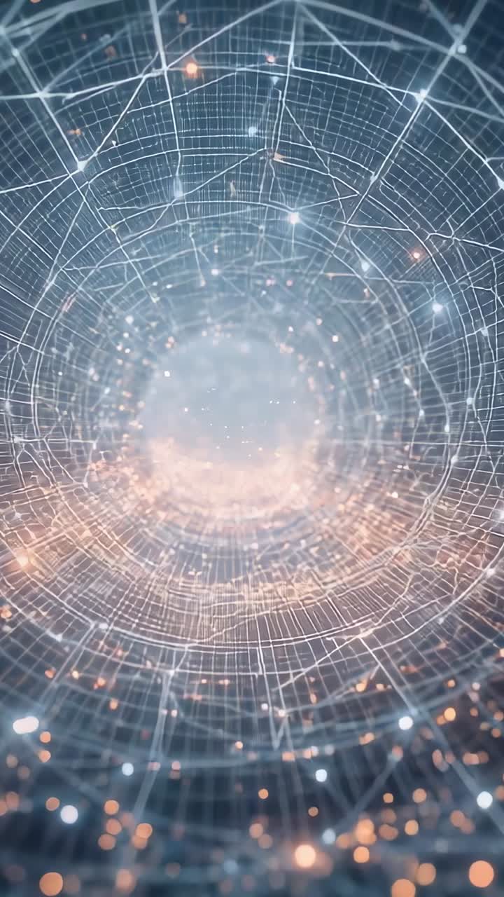 Video verticale: camera in movimento che disegna un tunnel a rete verso l'interno in un laboratorio digitale per rivelare un portale luminoso