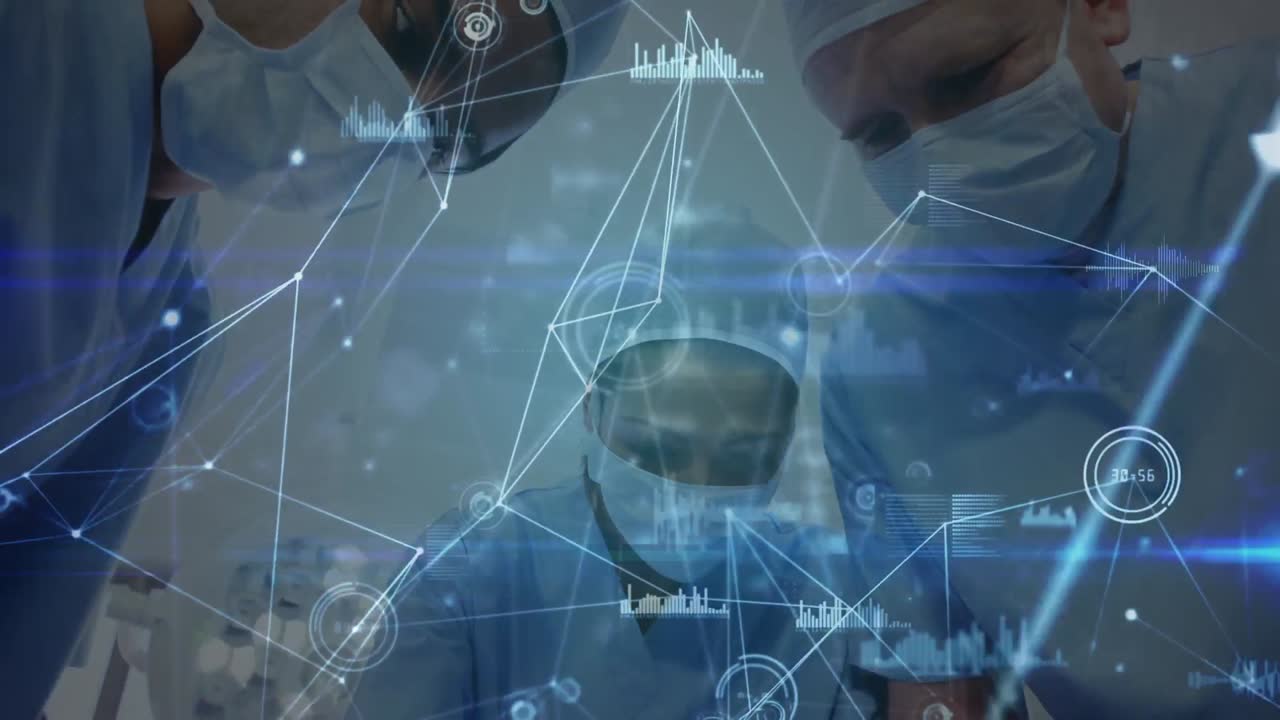 얼굴 마스크를 착용한 다양한 의사들에 대한 데이터 처리의 애니메이션