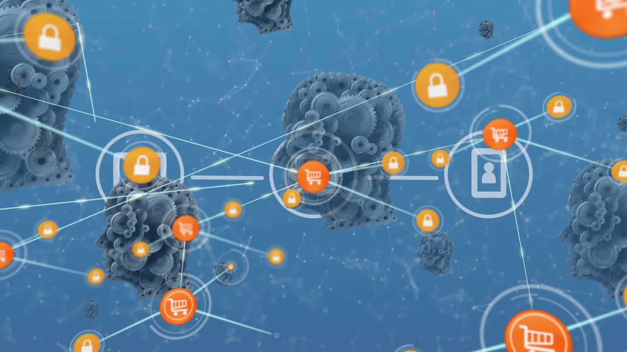 animación de la red de conexiones con iconos sobre cabezas humanas con engranajes