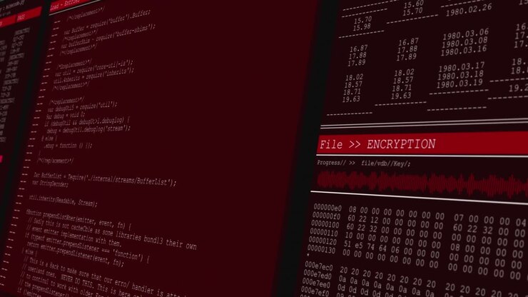 Animation of data processing on red computer screens