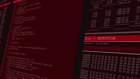 Animation-of-data-processing-on-red-computer-screens