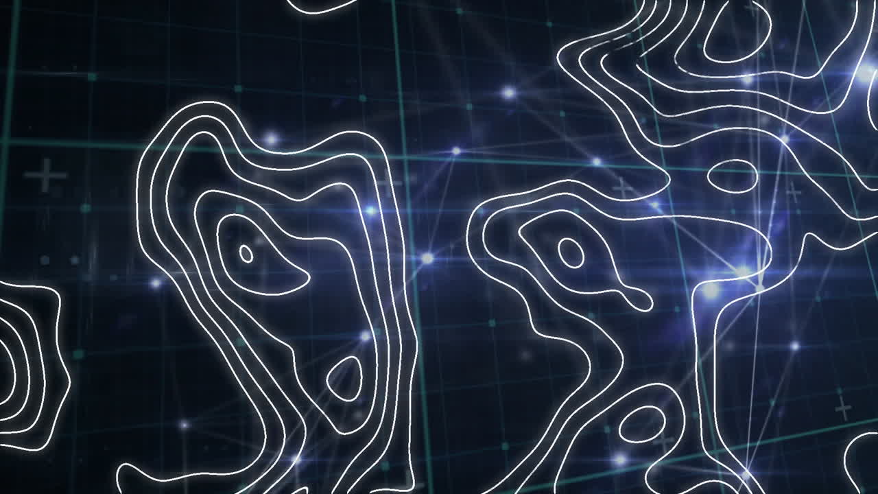 Animation of white map lines over networks of connections with glowing spots