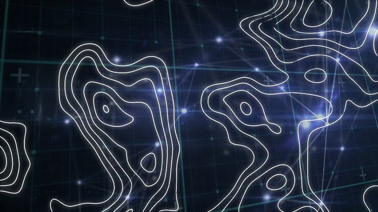Animazione di linee bianche di mappa su reti di connessioni con punti luminosi