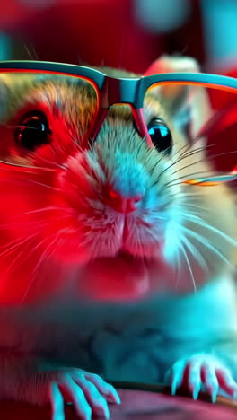 a hamster wearing glasses is looking at the camera. the image has a playful and lighthearted mood, as the hamster is dressed up in a funny outfit vertical video