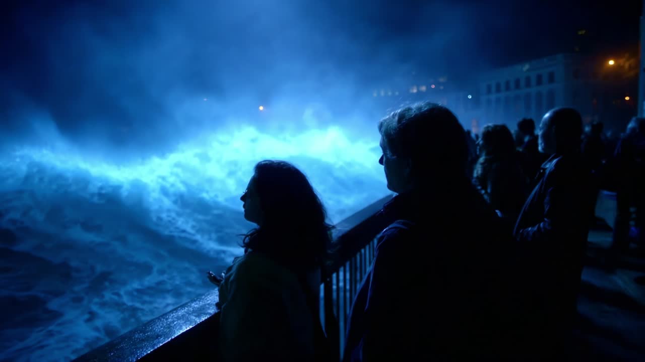People viewing an illuminated waterfall at night