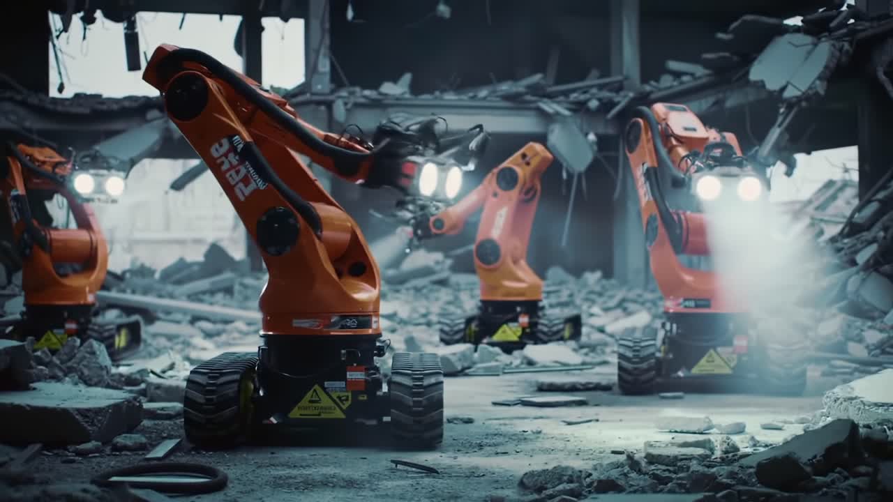 A Group of Advanced Robotic Machines Showcasing Demolition Efficiency in a Ruined Urban Environment with Powerful Lights and Agile Designs