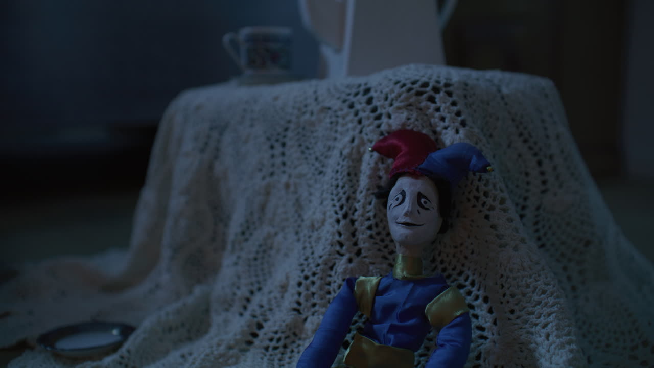 Uma boneca de bobo da corte sobre uma toalha de mesa de renda