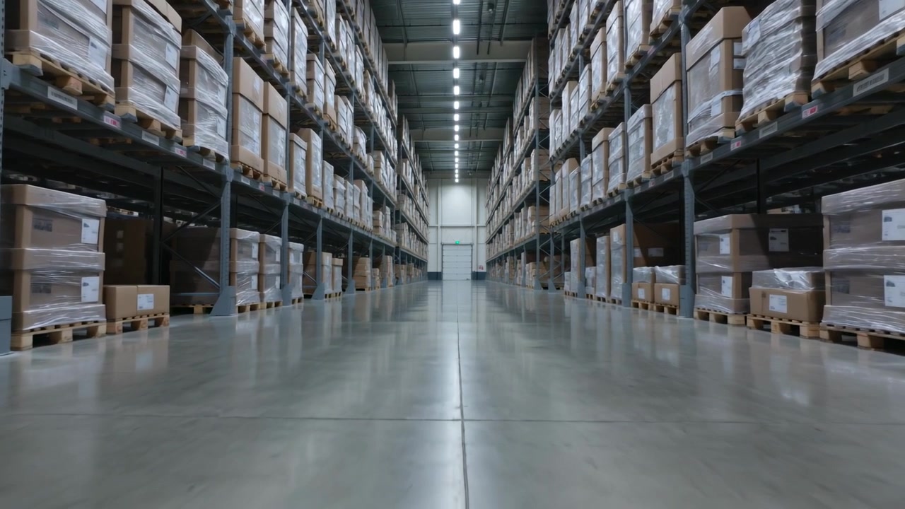 Kamera bewegt sich vorwärts den Mittelgang entlang, zeigt Palettenregale, verpackte Kartons, geschlossene Tür.
