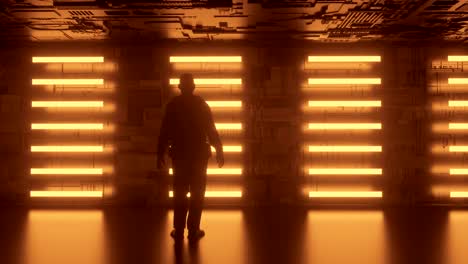 animación en 4k de un hombre de pie frente a una pared futurista.