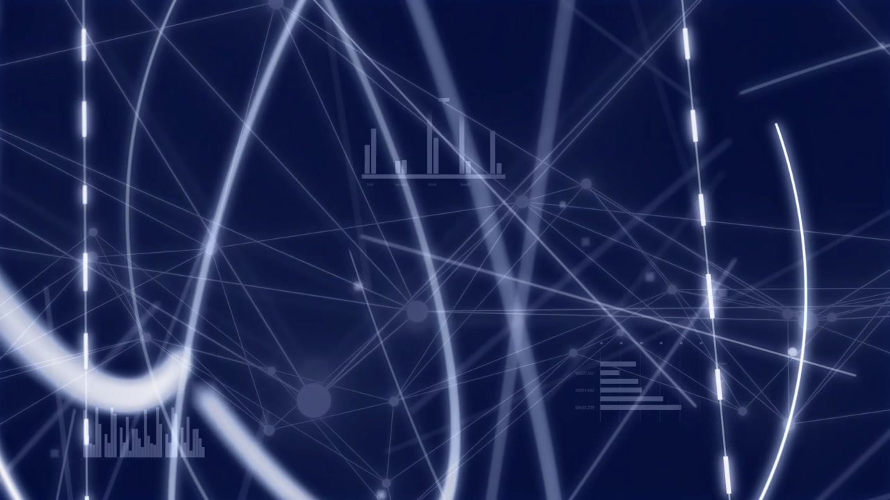 Network visualization forming with dashed beams appearing, bright arcs crossing, showing data flow