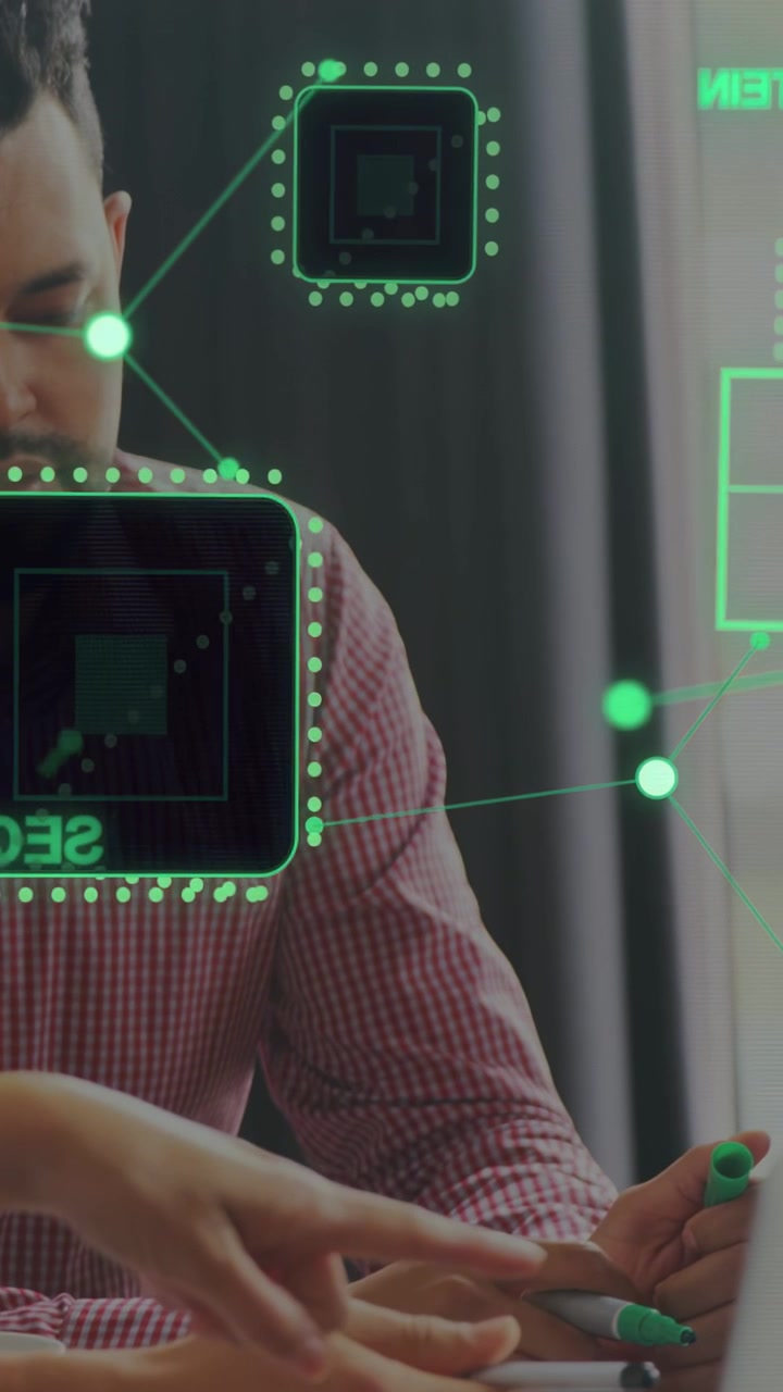 Vertical video: Man watching team reaching pen at glass, causing AR nodes aligning protein research