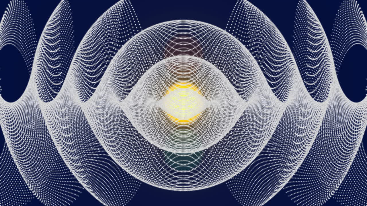 Abstract geometric patterns animation over glowing yellow sphere on dark background