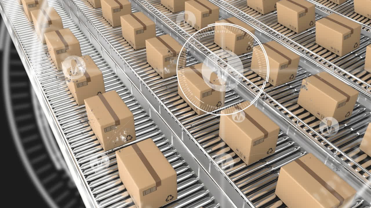 검은색 배경 위의 컨베이어 벨트에 카드보드 상자 위의 범위와 아이콘의 애니메이션