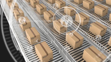 animación del alcance y los iconos sobre cajas de cartón en cintas transportadoras sobre fondo negro