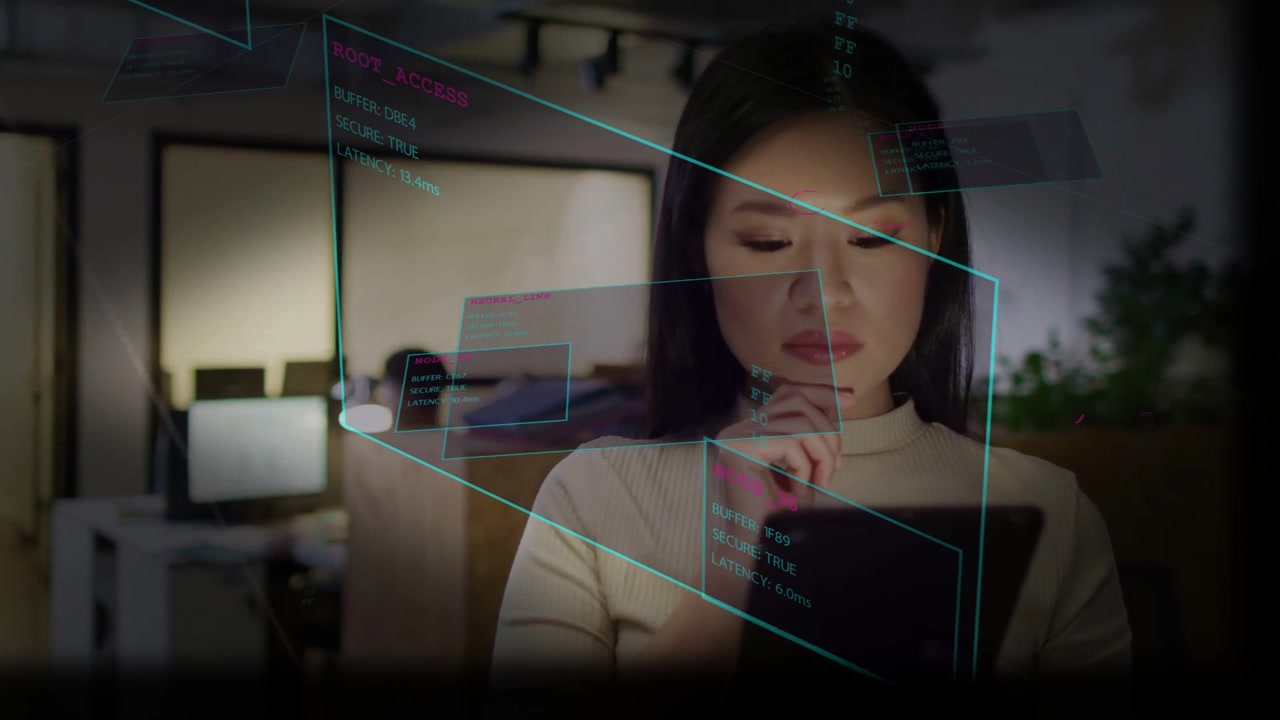Woman tapping tablet in office, holographic panels reacting to swipes while reviewing business data