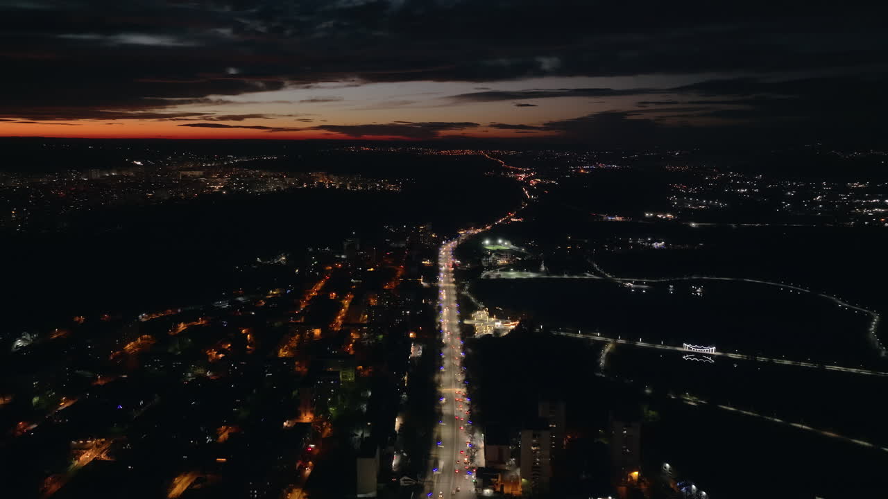 Aerial drone view of Chisinau city at night, blue hour. Moldova