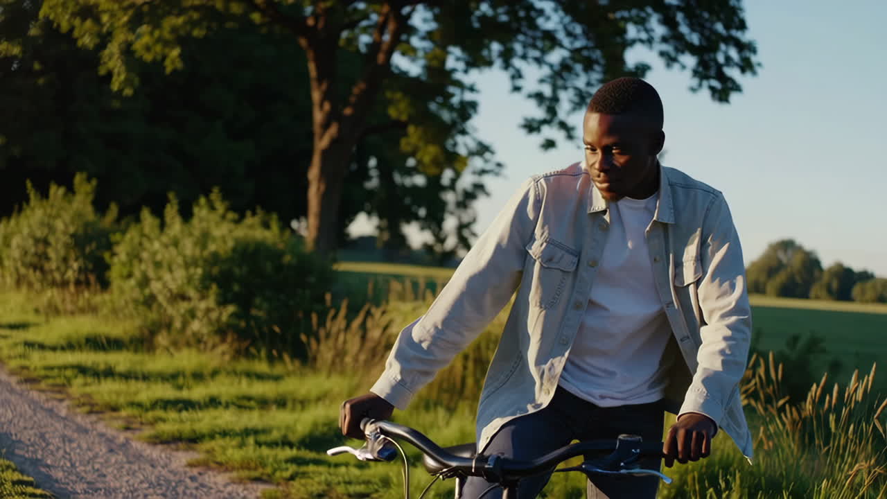 Young man on a bicycle in a rural setting at sunset