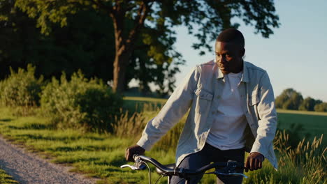 young man on a bicycle in a rural setting at sunset