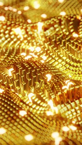 animated wave moving structure of gold cubes with glare and radiance. vertical looped video