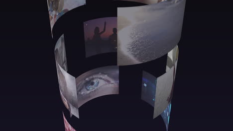 Composite animation of rotating tube of business, leisure and technology screens