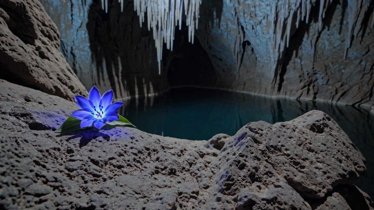Leuchtende blaue Blume ruht auf Felsen in unterirdischer Höhle