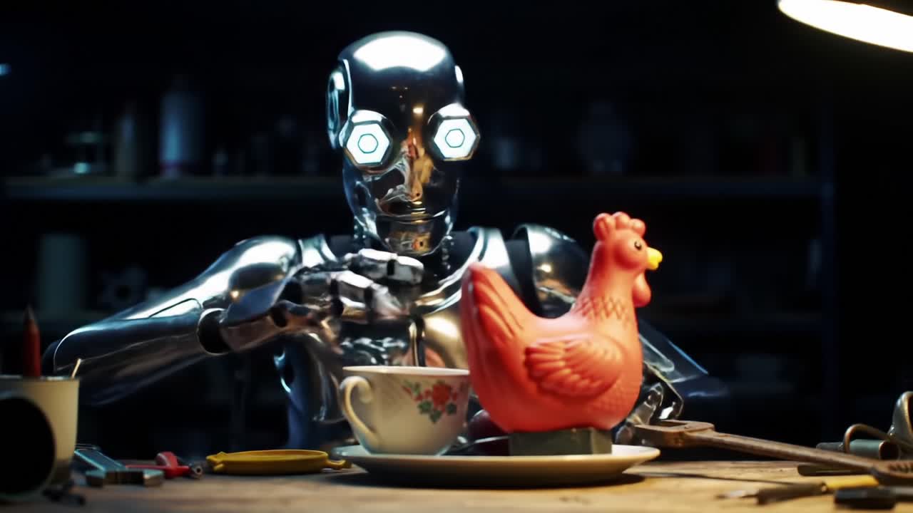 Un robot futuristico impegnato in un'interazione giocosa con una gallina di gomma e una tazza di tè, che mette in mostra la fusione tra tecnologia e design umoristico in un'ambientazione unica