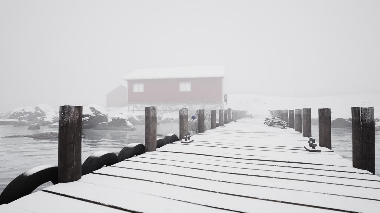 눈 인 도크 와 안개 가 가득 한 겨울 풍경 에 있는 오두막