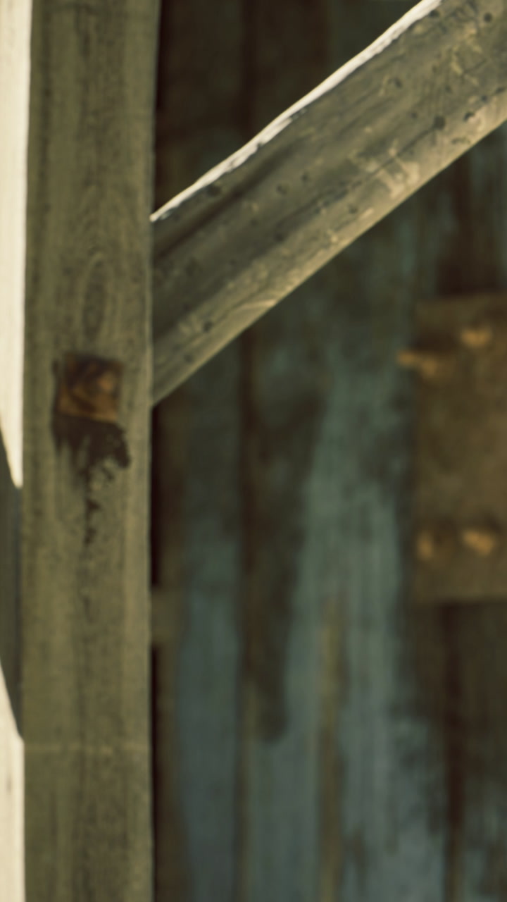 Timber beams create a rustic backdrop for an intriguing scene in an old barn