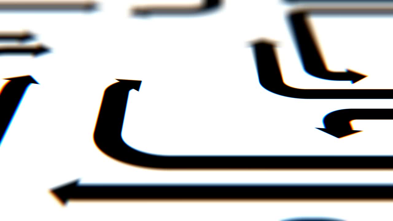 Flying over black arrows on white surface, seamless loop, CG animation