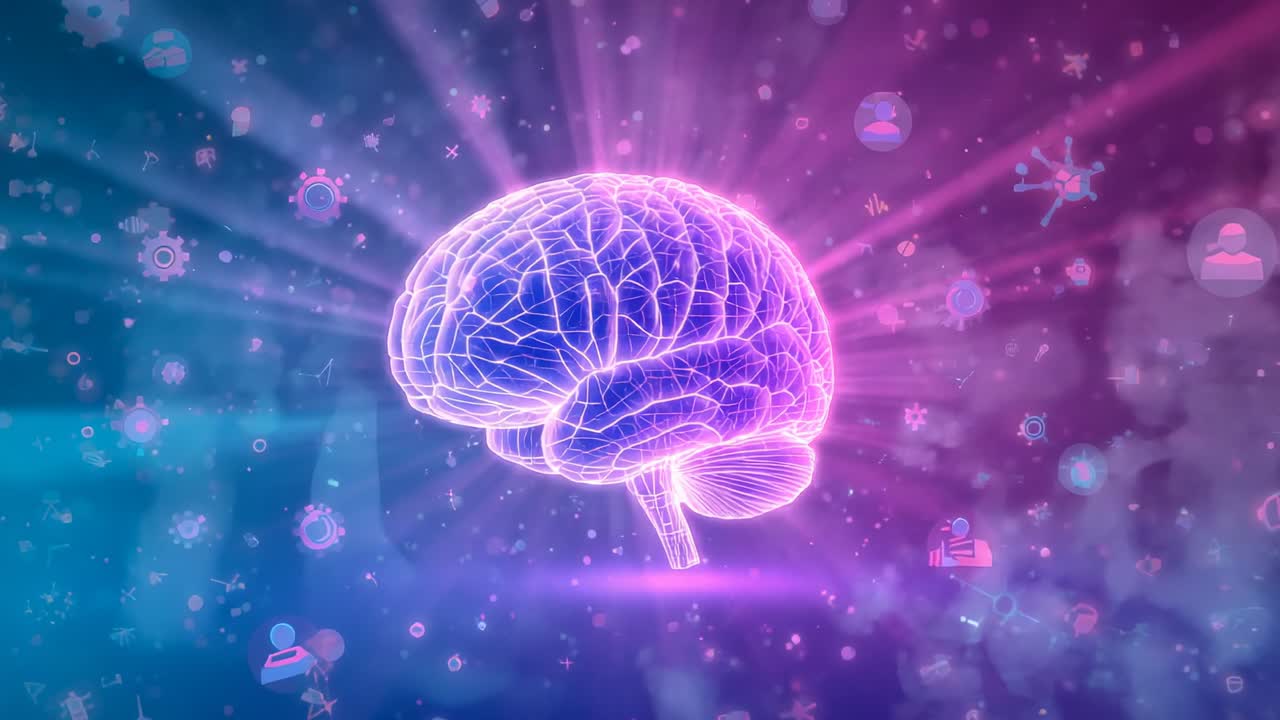 Materializing holographic brain on glowing grid in lab, tech icons pulsing rays showing data flow