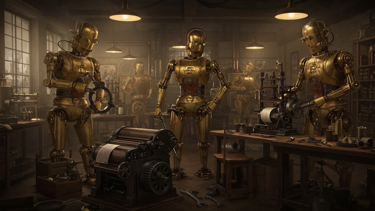 Intricate Workshop of Mechanical Robots: A Glimpse into a Future Where Automation and Craftsmanship Merge in a Vintage, Steampunk Setting Filled with Intricate Tools