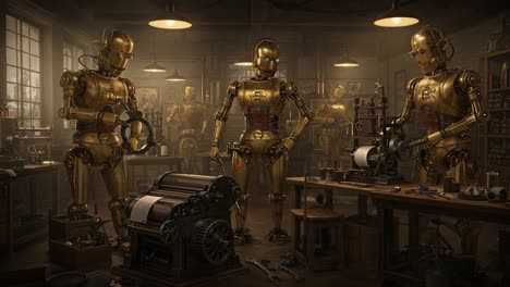 intricate workshop of mechanical robots: a glimpse into a future where automation and craftsmanship merge in a vintage, steampunk setting filled with intricate tools