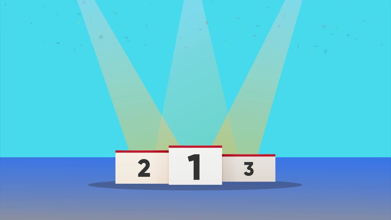 copas de trofeo metálicas de oro, plata y bronce en un podio bajo vigas de proyector. 4k aisladas en blanco