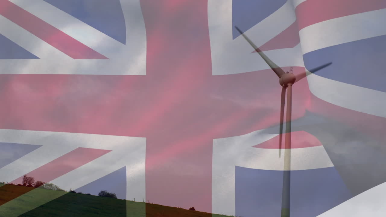 Wind turbine spinning on hilltop, overlaying Union Jack flag in animated flat design scene