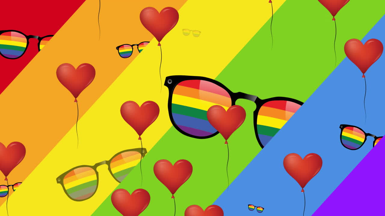 animación de corazones sobre gafas de arco iris en el fondo del arco iris