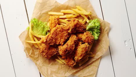 lechuga y papas fritas cerca de alitas de pollo