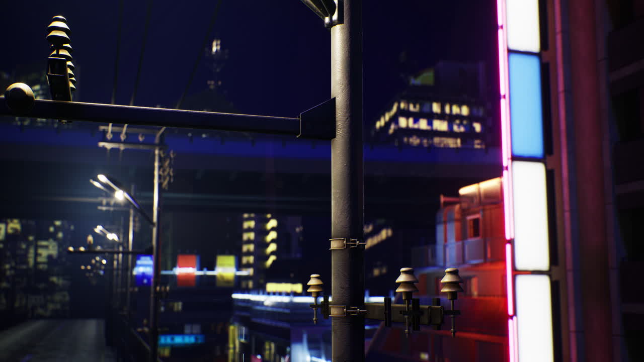 Neon cityscape at night featuring vibrant lights and urban structures