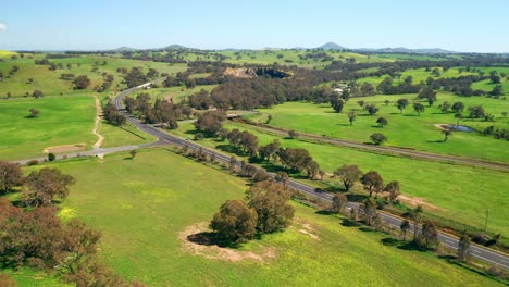 concrete road amidst wild grassy fields of australia - aerial shot