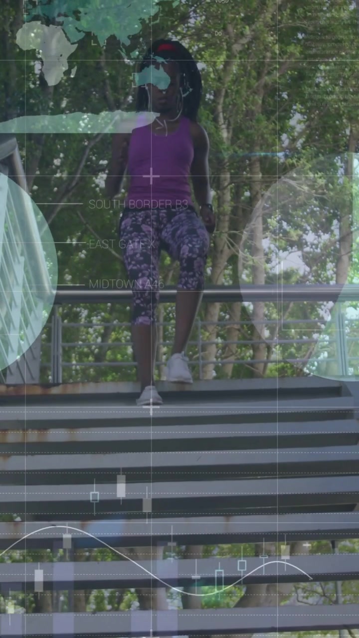 Vertical video: Woman stepping forward, descending metal stairs, tuning buds, HUD tracking fitness