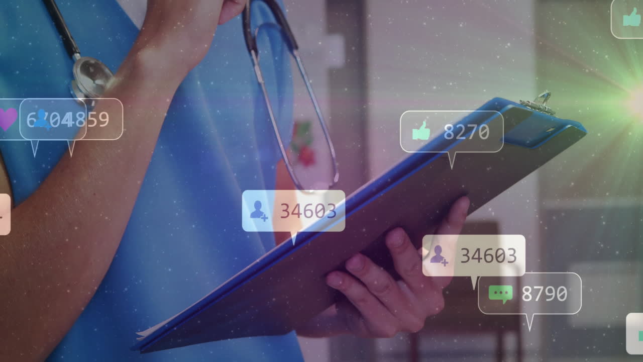 Holding clipboard, medical professional with social media notifications animation