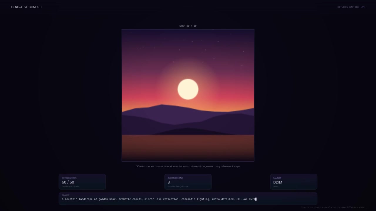 Screen-recording style animation displays a mountain image forming from noise alongside a mock dashboard with prompt text, seed data and captions